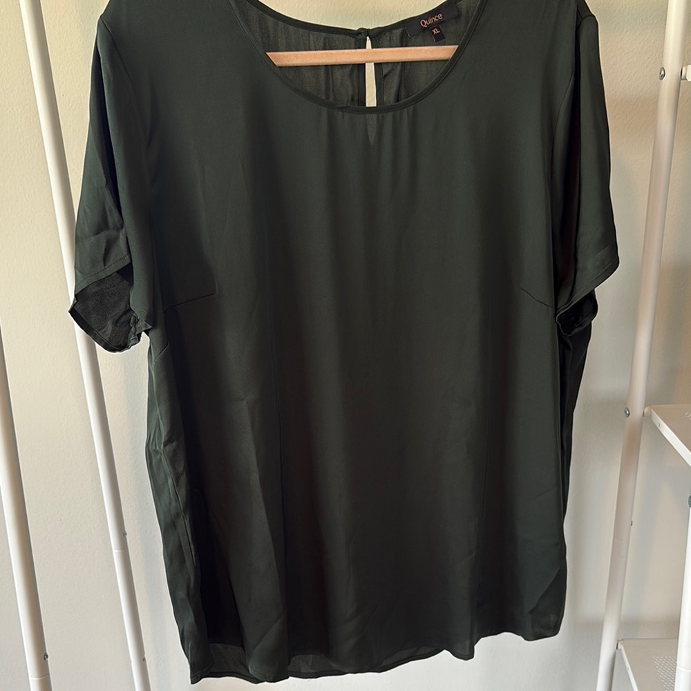 Quince Washable Silk Green Cuffed Sleeve Relaxed Blouse